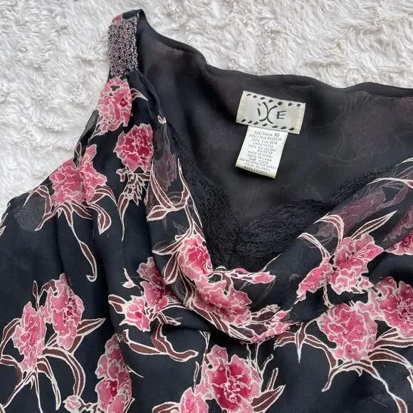 ICE silk beaded floral maxi dress long cowl neck vintage Y2K‎ pink black fairy M - Picture 7 of 17